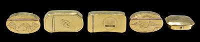 Appraisal: Five brass snuff boxes one oval engraved with flying bird