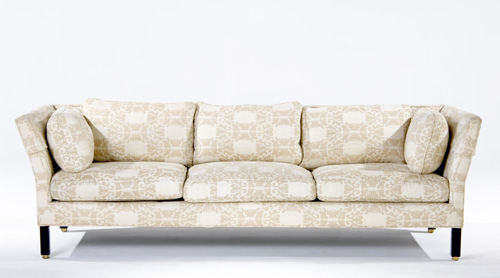 Appraisal: DUNBAR Three-seat sofa upholstered in tan and ivory brocade fabric