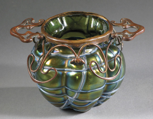 Appraisal: LOETZ ART GLASS BOWL having bulbous protruding panels of iridescent