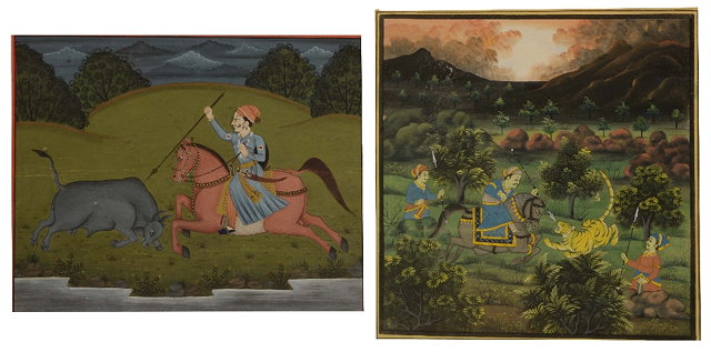 Appraisal: INDIAN SCHOOLMiniature of a hunter spearing a young bull within