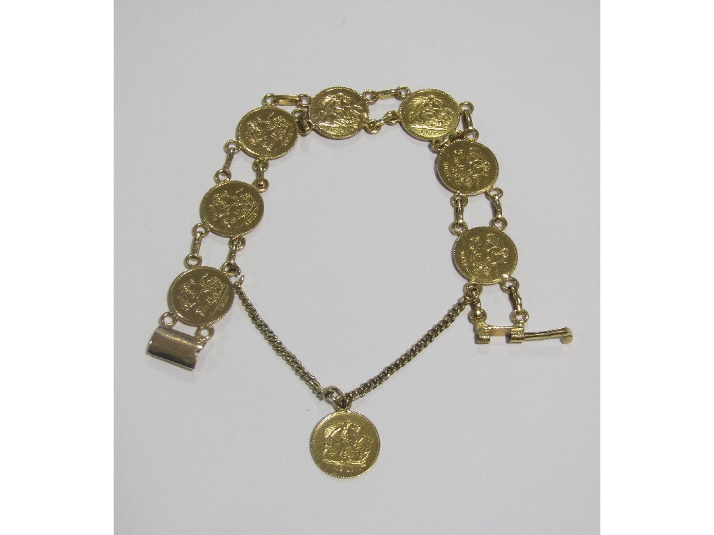 Appraisal: High carat gold coin bracelet Approximately gms