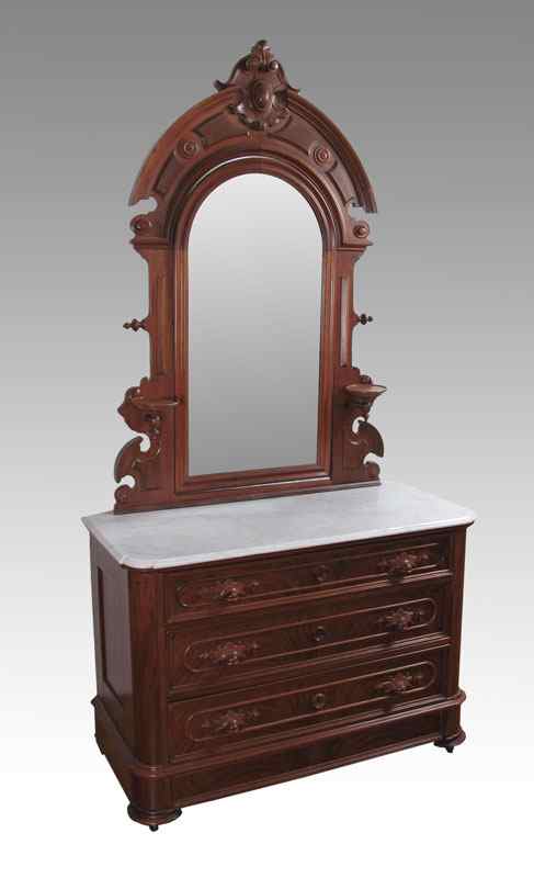 Appraisal: VICTORIAN MARBLE TOP WALNUT DRESSER WITH MIRROR Classic carved and