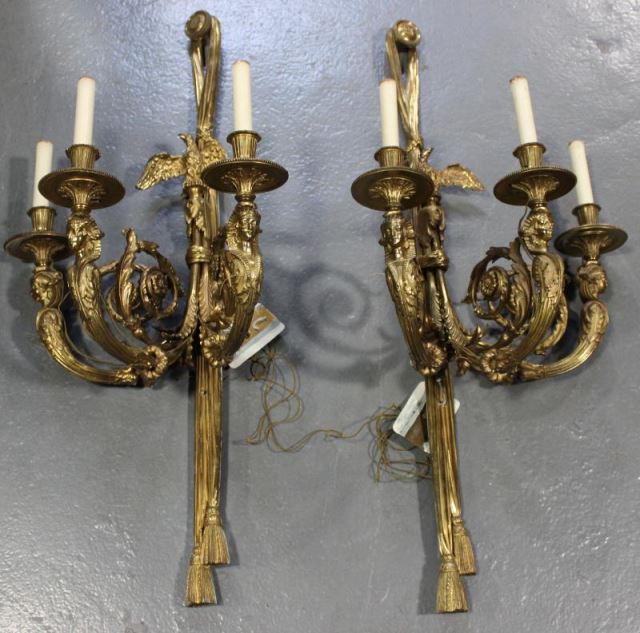 Appraisal: Outstanding Pair of Large Bronze Arm Sconces With Egyptian Revival