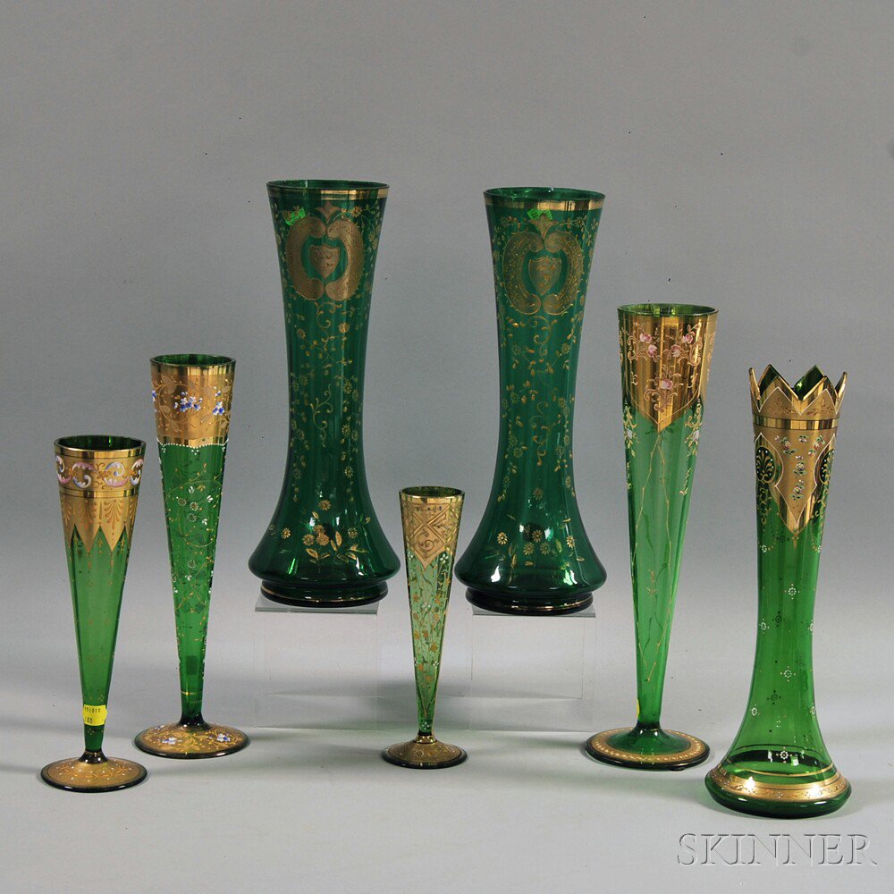 Appraisal: Seven Gilded and Enameled Moser-type Green Glass Vases th th