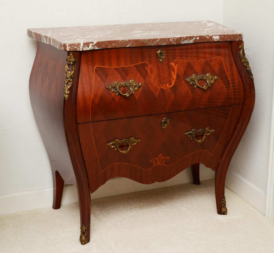 Appraisal: A DIMINUTIVE MARBLE TOP BOMBAY COMMODE Patterned veneers and inlay