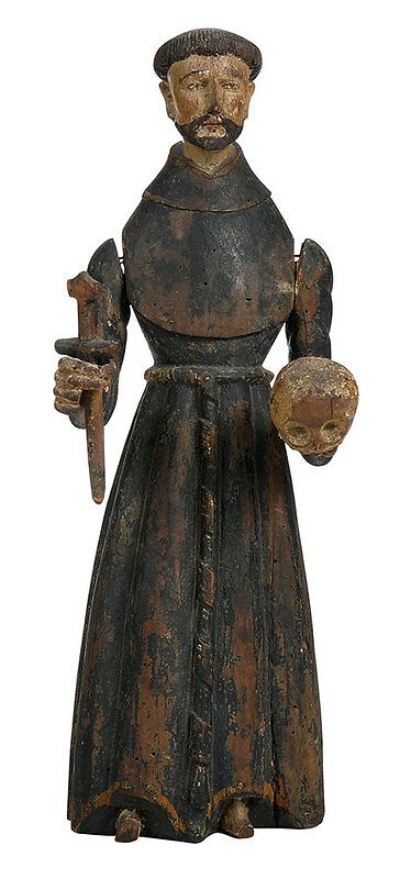 Appraisal: Carved St Francis Santos Figure Holding a Skull Spanish Colonial