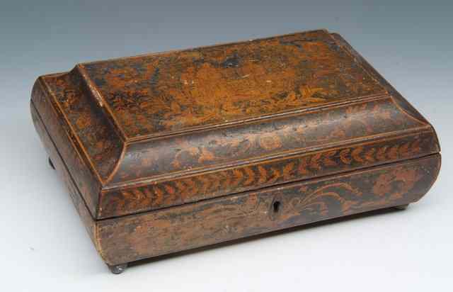 Appraisal: A GEORGIAN PEN WORK LACQUERED WORKBOX of sarcophagus form decorated