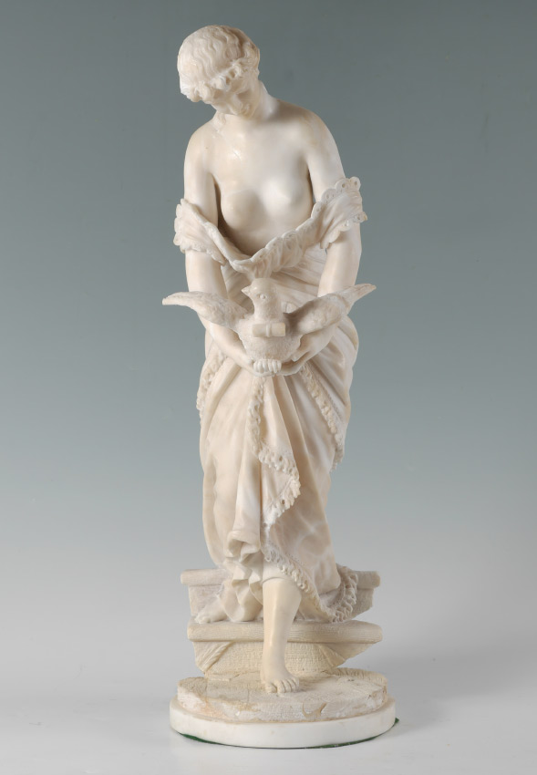 Appraisal: MARBLE STATUE OF WOMAN WITH CARRIER PIGEON ''h CONDITION Numerous