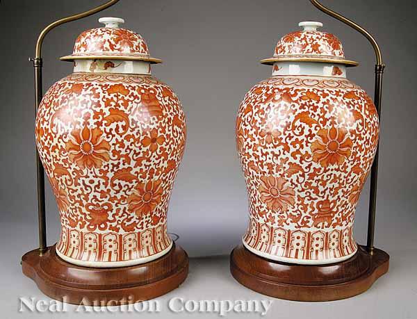 Appraisal: A Pair of Antique Chinese Iron Red Porcelain Baluster Jars