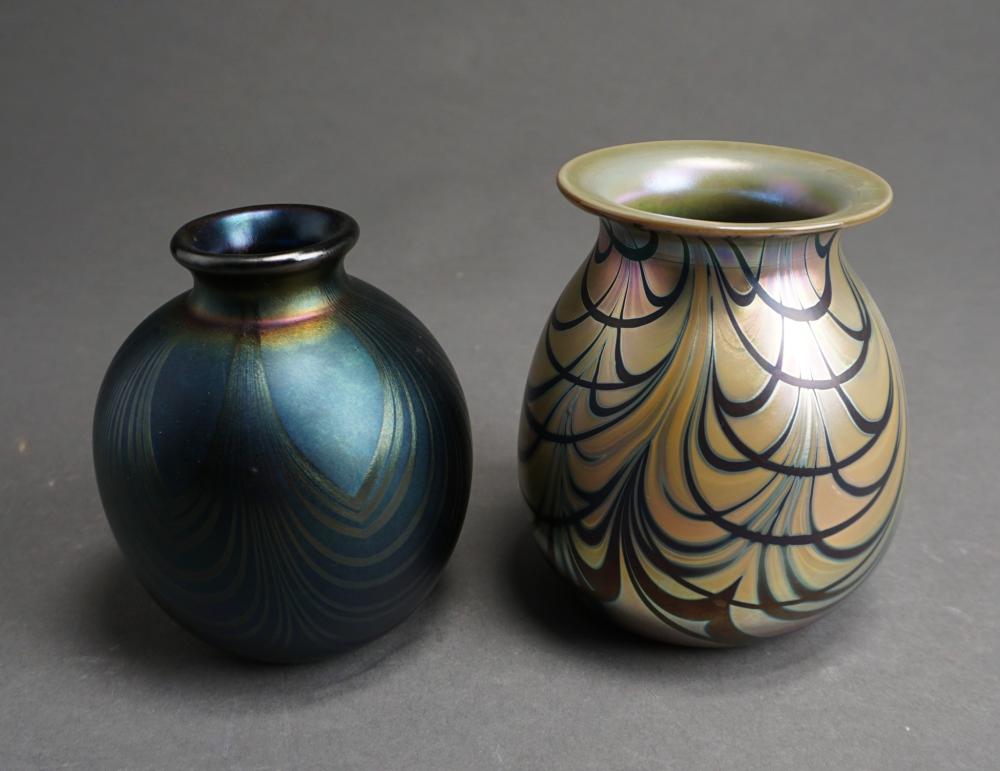 Appraisal: Two Charles Lotton Blue and Gold Iridescent Glass Vases H