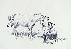 Appraisal: John Clymer Untitled Man with Horse ink on paper x