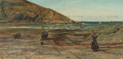 Appraisal: JOHN WILLIAM BUXTON-KNIGHT Coastal Scene with Beached Fishing Boats and