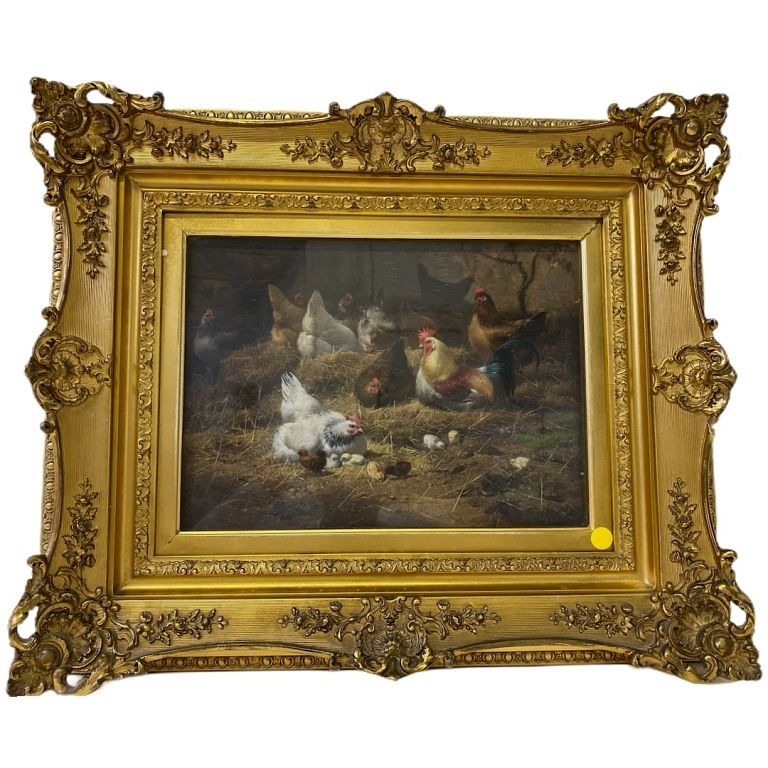 Appraisal: th century chicken coop oil painting on board M th