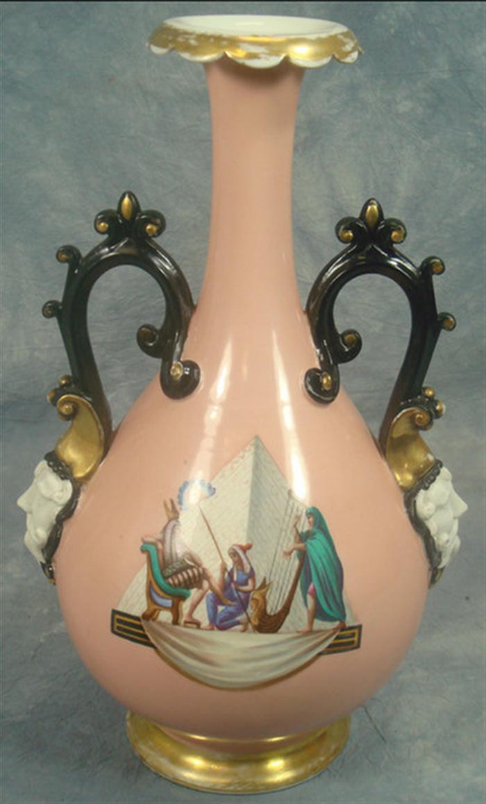 Appraisal: Paris porcelain vase Egyptian Pharoah decoration Etruscan heads on handles