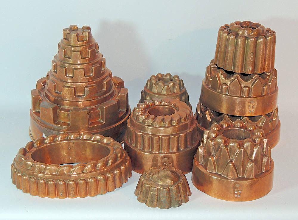 Appraisal: Nine Copper Molds Assembled grouping of nine copper molds Largest