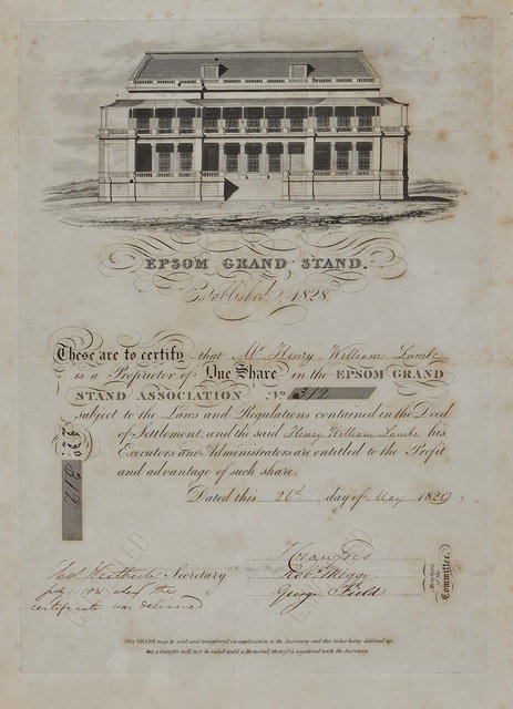 Appraisal: AN EPSOM GRANDSTAND SHARE CERTIFICATE to Mr Henry William Lamb