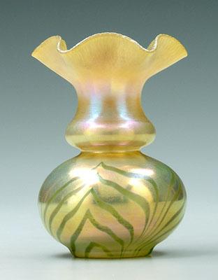 Appraisal: Steuben aurene bud vase ruffled rim iridescent green and gold