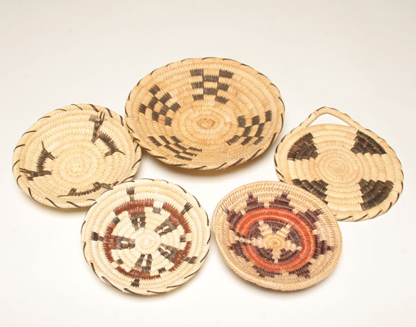 Appraisal: Native American coiled pieces four baskets with dyed geometric and