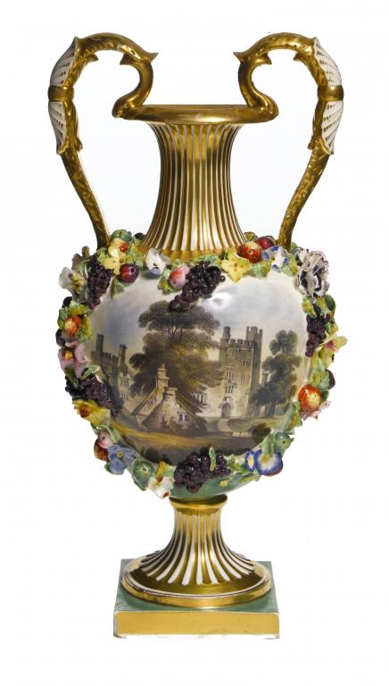 Appraisal: A RARE DERBY FLORAL ENCRUSTED GREEN GROUND VASE of ogee