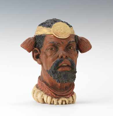 Appraisal: A Stylized African Figural Head Tobacco Jar Hand decorated earthenware