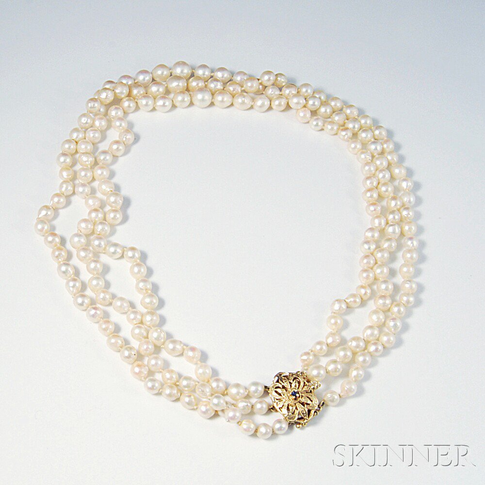 Appraisal: Pearl Necklace the triple-strand necklace with graduated pearls ranging in