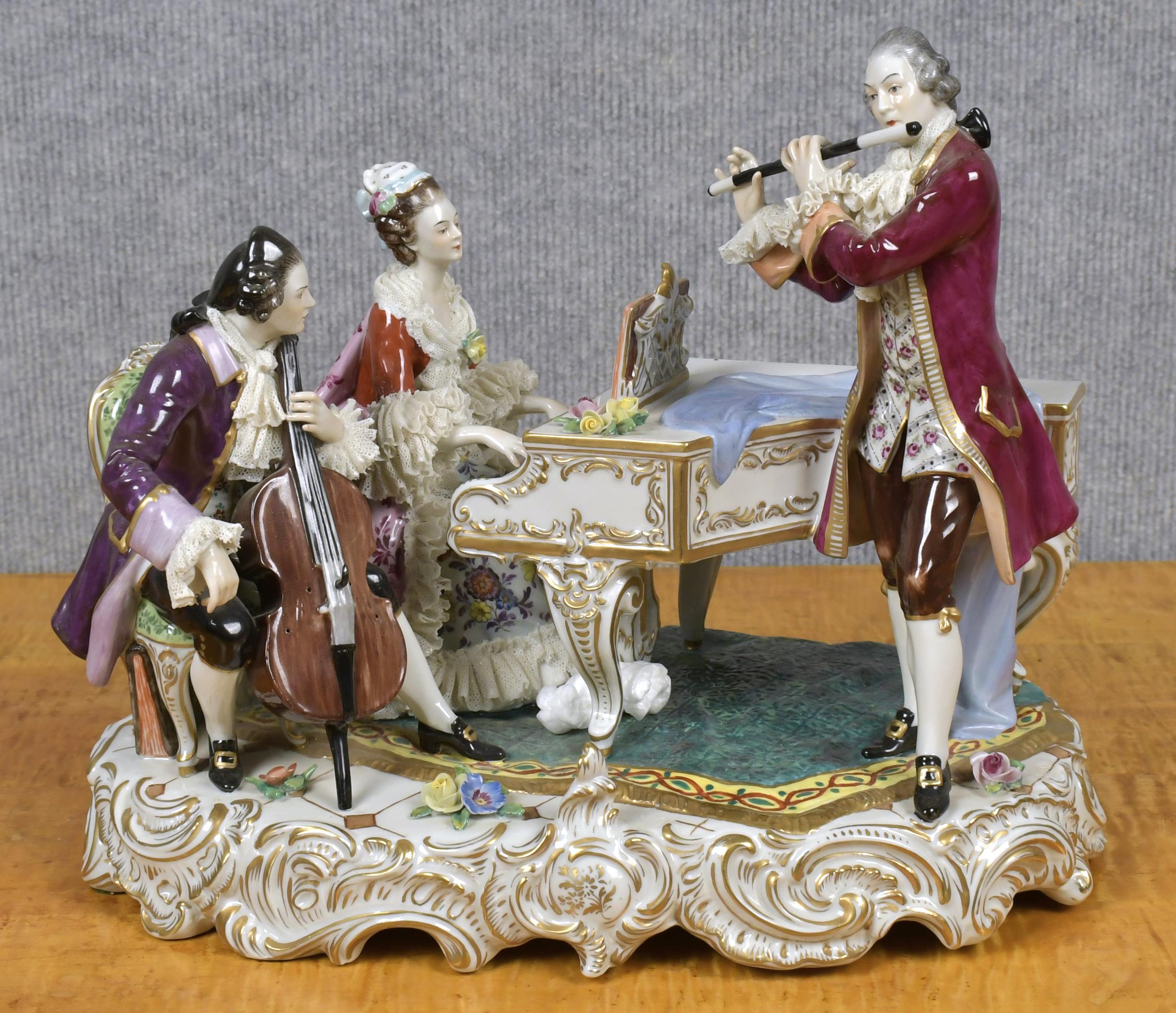 Appraisal: TH C DRESDEN PORCELAIN FIGURAL GROUP Three musicians woman seated