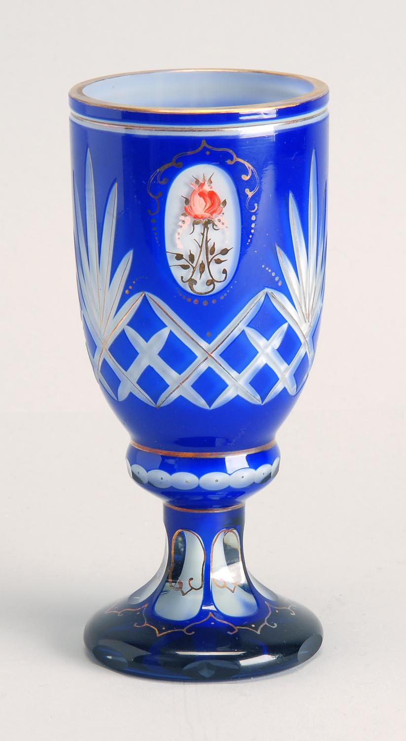 Appraisal: CUT OVERLAY CHALICE Early th CenturyIn vivid blue-cut-to-opaque white with