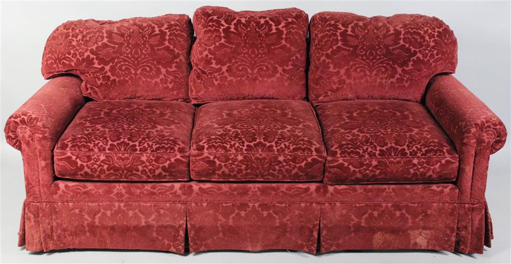 Appraisal: KRAVET DAMASK VELVET UPHOLSTERED THREE SEATER SOFA having three loose