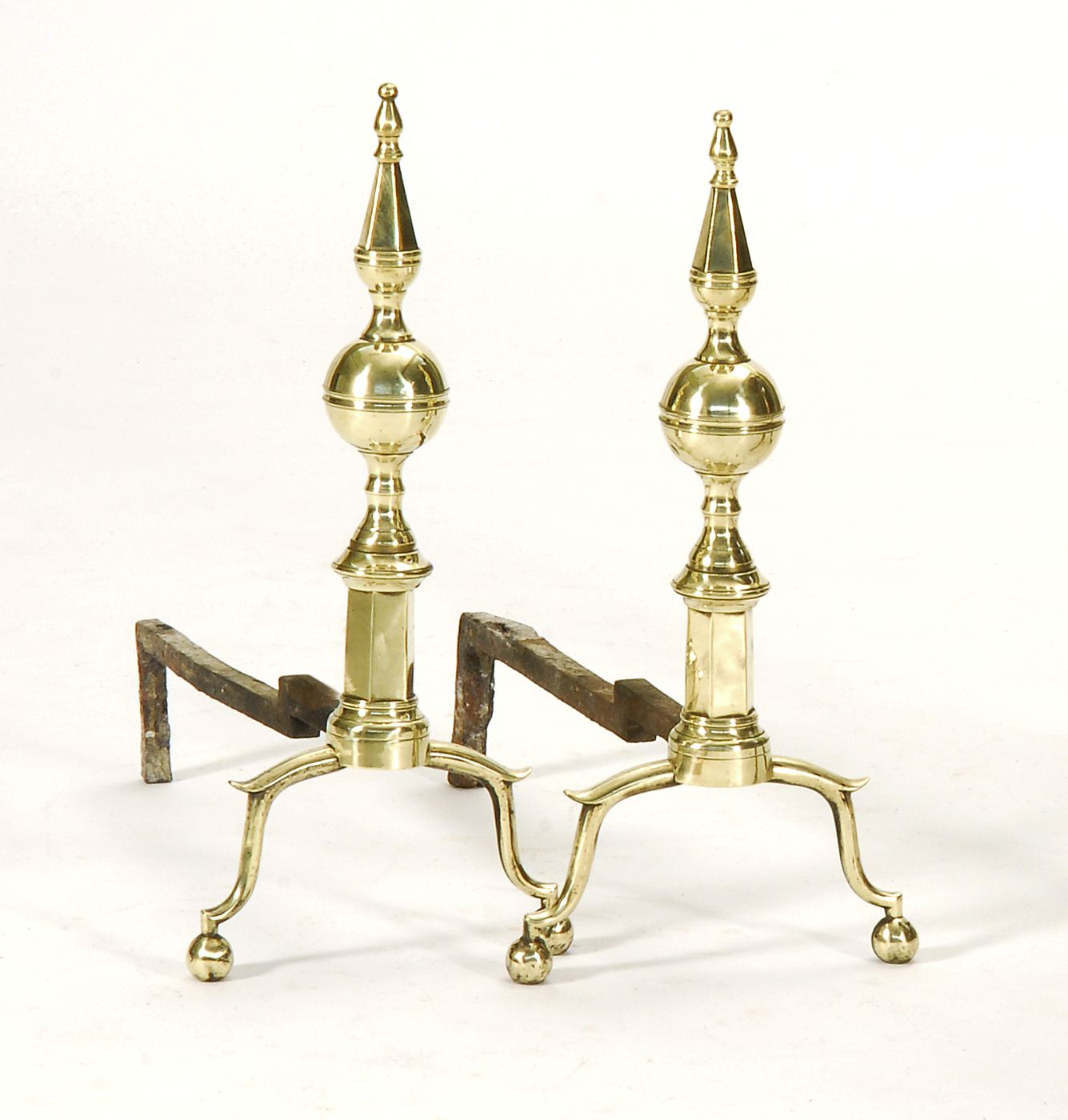 Appraisal: PAIR OF ANTIQUE FEDERAL BRASS ANDIRONS Circa With faceted steeple