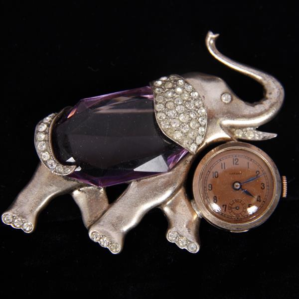 Appraisal: Mazer Unsigned Sterling Amethyst Jewel Belly Elephant with Harman Watch