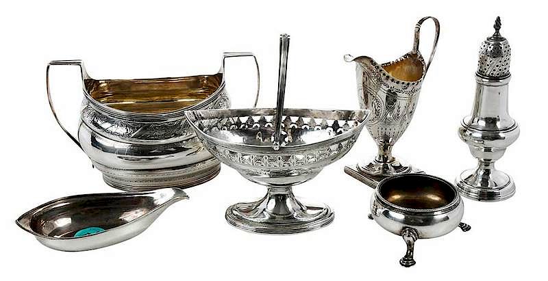 Appraisal: Six English Silver Pieces Hollowware Bateman including sugar basket with