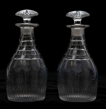 Appraisal: PAIR OF ANGLO IRISH CUT-GLASS MALLET-FORM RING-NECKED DECANTERS AND STOPPERS