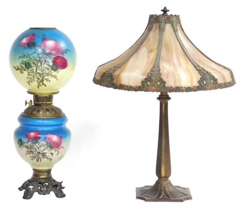 Appraisal: Two table lamps one with slag glass bell-form shade metal