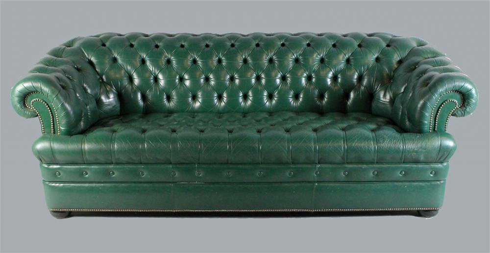 Appraisal: CHESTERFIELD GREEN LEATHER SOFA the tufted rolled arm sofa with