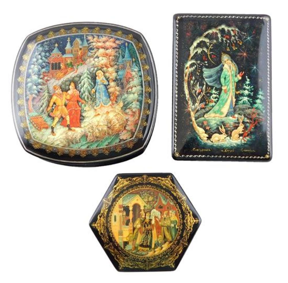 Appraisal: Russian hand-painted lacquer boxes group of three winter folk-lore themed