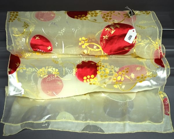 Appraisal: Neiman Marcus yellow red oriental print sheer viscose silk scarf