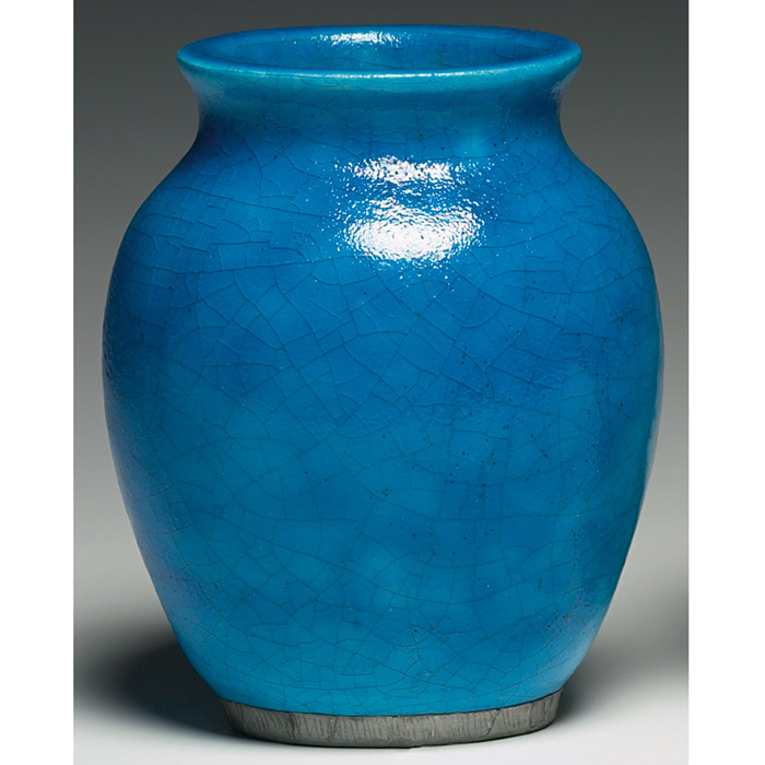 Appraisal: Lachenal vase bulbous shape covered in a turquoise glaze applied