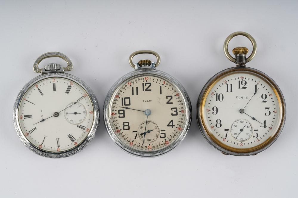 Appraisal: THREE ELGIN WATCH CO POCKET WATCHES fahys base metal silver