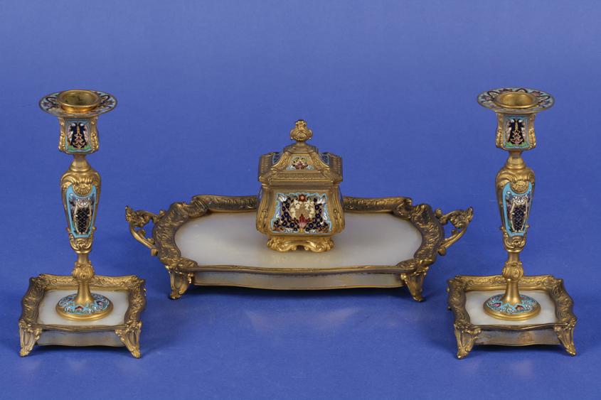 Appraisal: A LOUIS XV STYLE ALABASTER GILT AND ENAMEL DESK SET