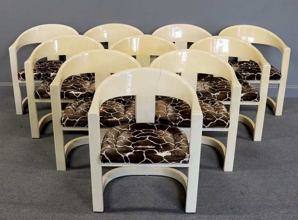 Appraisal: MIDCENTURY Karl Springer Onnasis Chairs Lacquered parchment and upholstered Reference