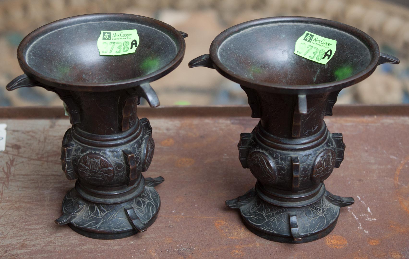 Appraisal: a Pair of bronze oriental style urns