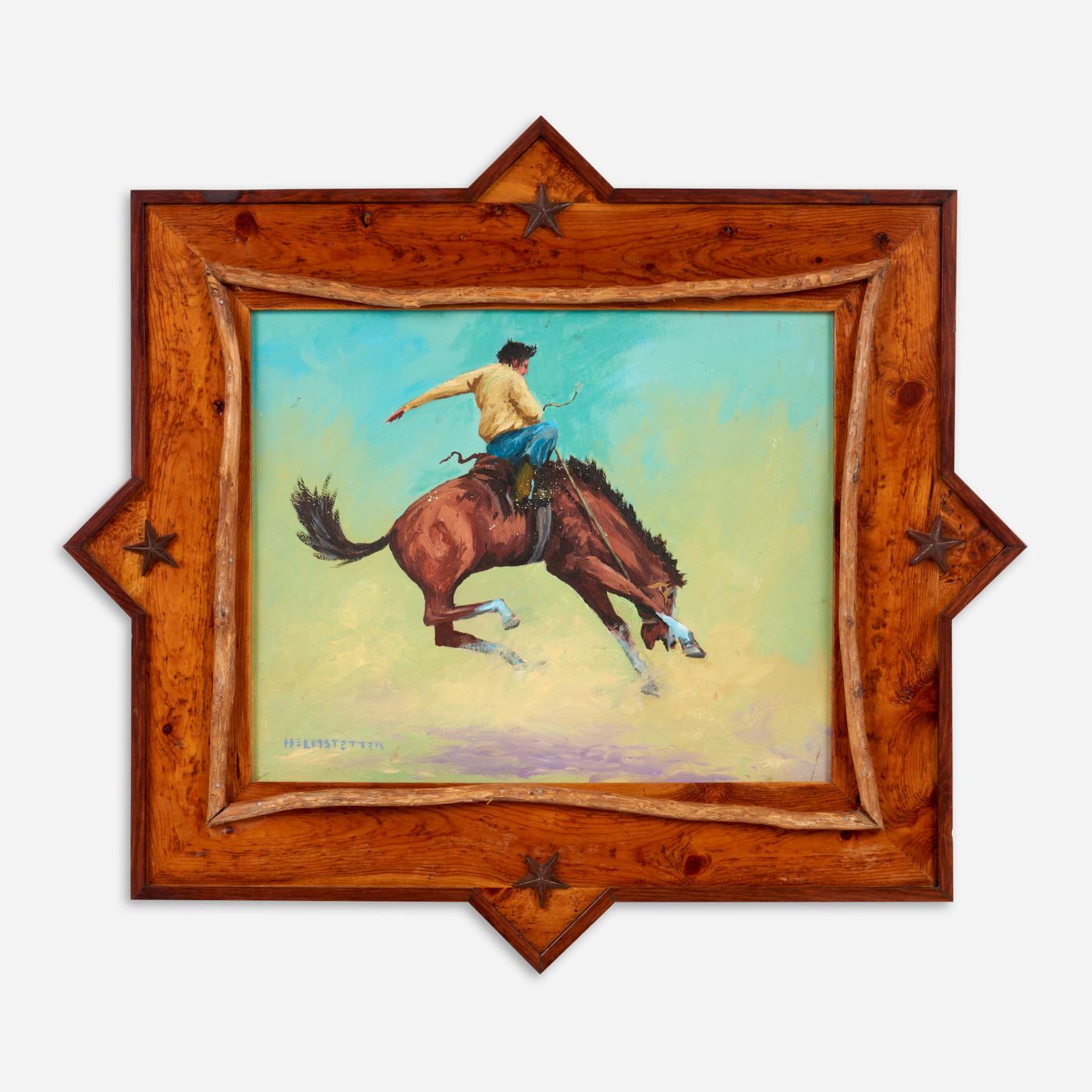 Appraisal: PAINTING OF A BUCKING BRONCO SIGNED HELMSTETTER A late th