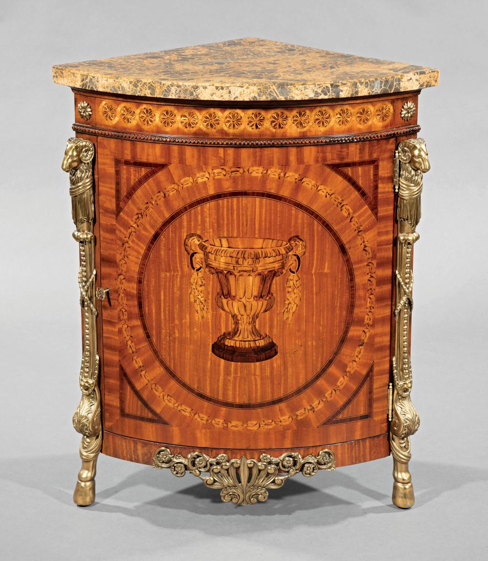 Appraisal: Louis XVI-Style Brass-Mounted Marquetry Encoignure sienna marble top ram's head