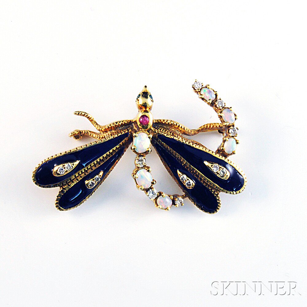 Appraisal: kt Gold Enamel and Gem-set Dragonfly Pin the gold pin