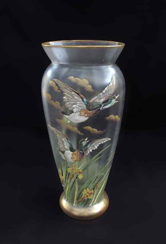 Appraisal: FINE ENAMELED GLASS VASE Iridescent glass vase depicting a hand