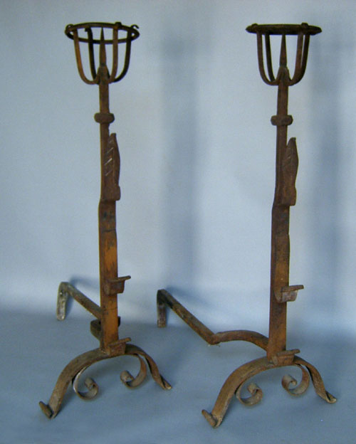 Appraisal: Pair of wrought iron andirons early th c