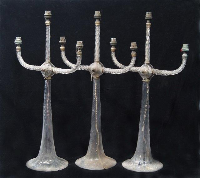 Appraisal: A SET OF THREE PROBABLY VENETIAN THREE BRANCH GLASS LAMPS