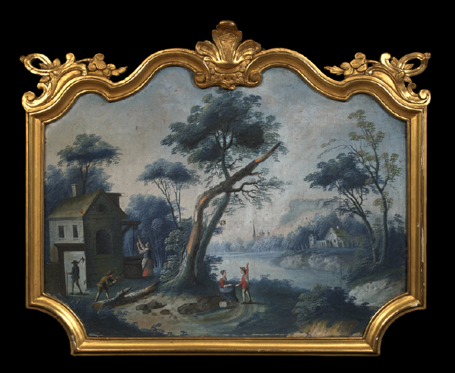 Appraisal: Continental Cartouche-Form Supra-Porta Panel of a Bucolic River Landscape in