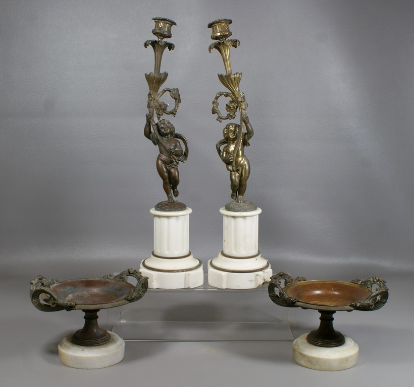 Appraisal: French pcs Including a Pair of Bronze Cherub candlesticks with