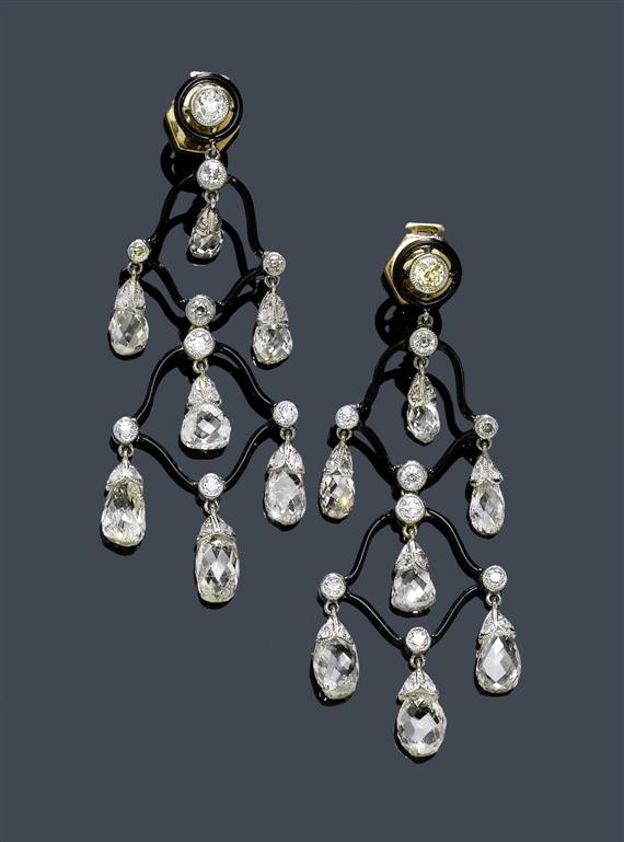 Appraisal: DIAMOND AND ENAMEL EAR PENDANTS circa Platinum and yellow gold